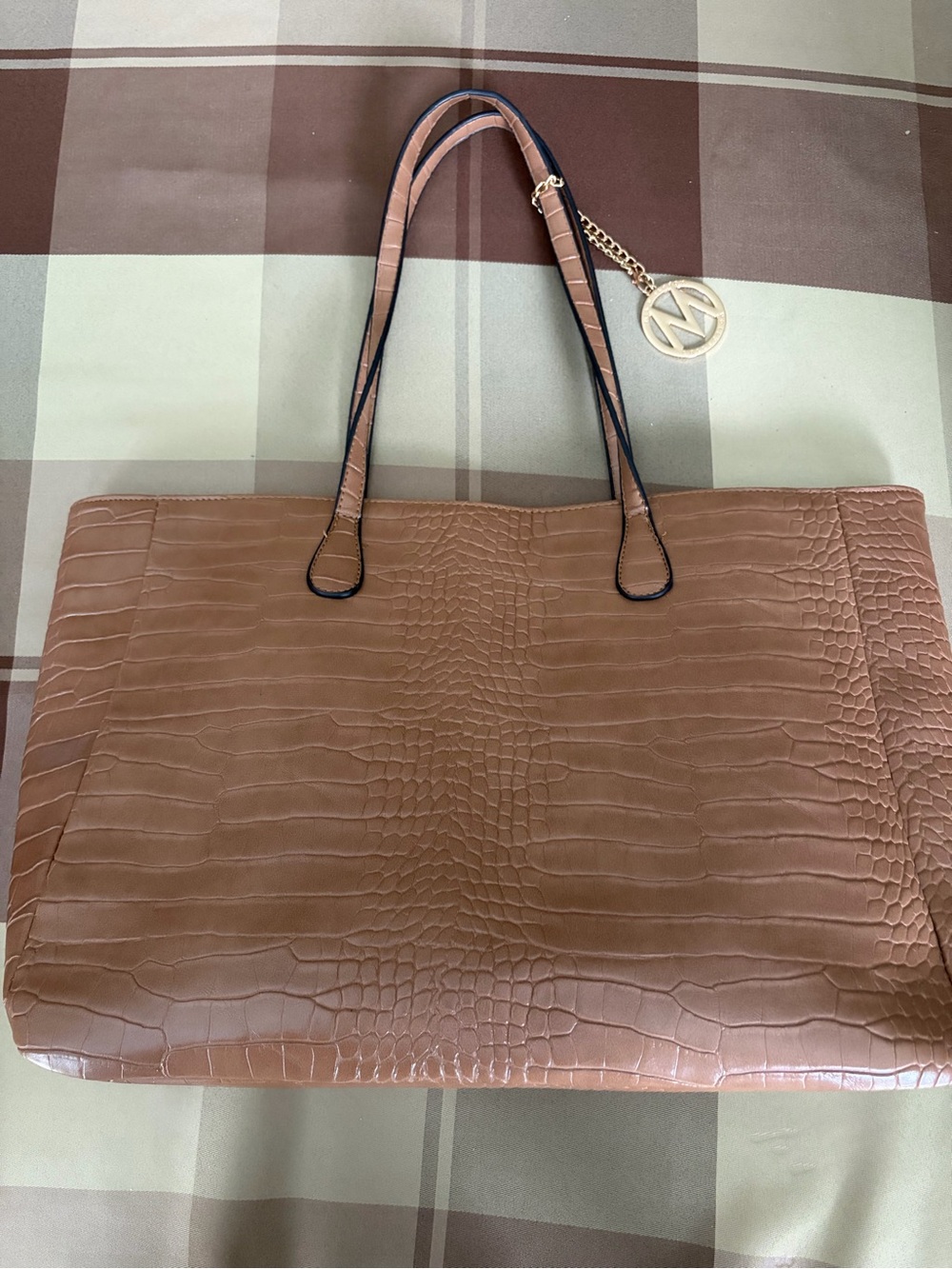 MK-Inspired Croc-Embossed Tan Tote Bag with Logo Charm